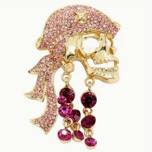 Crystal Pirate Skull Pendant Brooch Pin with pink rhinestone & Dangling crystals